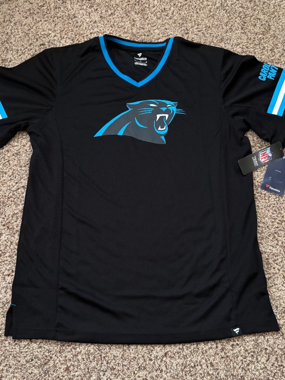 Carolina Panthers Fanatics Black Stripe Stacking V-Neck T-Shirt